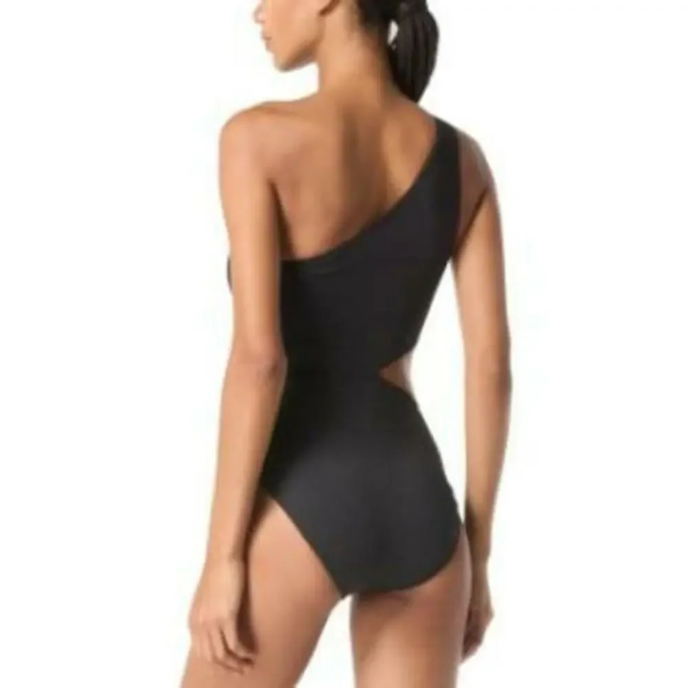 MICHAEL Michael Kors Black One Shoulder One Piece Swimsuit Silver Hardware 4